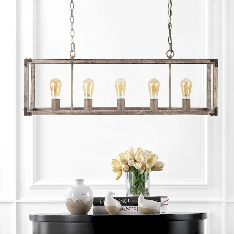 Zeniba 36  5-Light Linear Adjustable Iron Rustic Farmhouse LED Pendant, Brown by JONATHAN Y