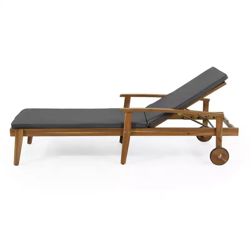 Acacia Wood Chaise Lounge with Cushion, 5-Position Reclining Patio Lounger