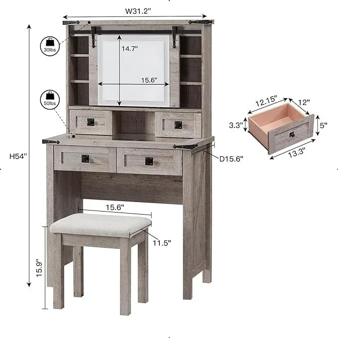 Farmhouse Makeup Vanity Desk, Vanity Dressing Table, Stool Included