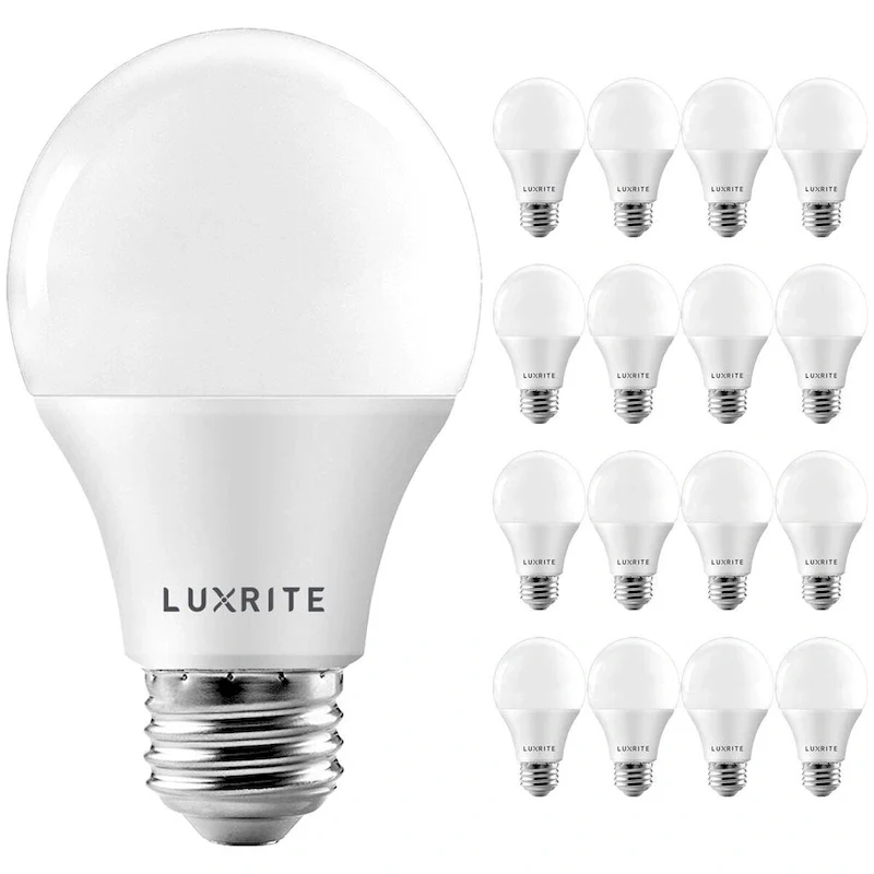 Luxrite A19 LED Light Bulb 60W Equivalent 3500K 800 Lumens Dimmable 9W Enclosed Fixture Rated E26 Base 16 Pack