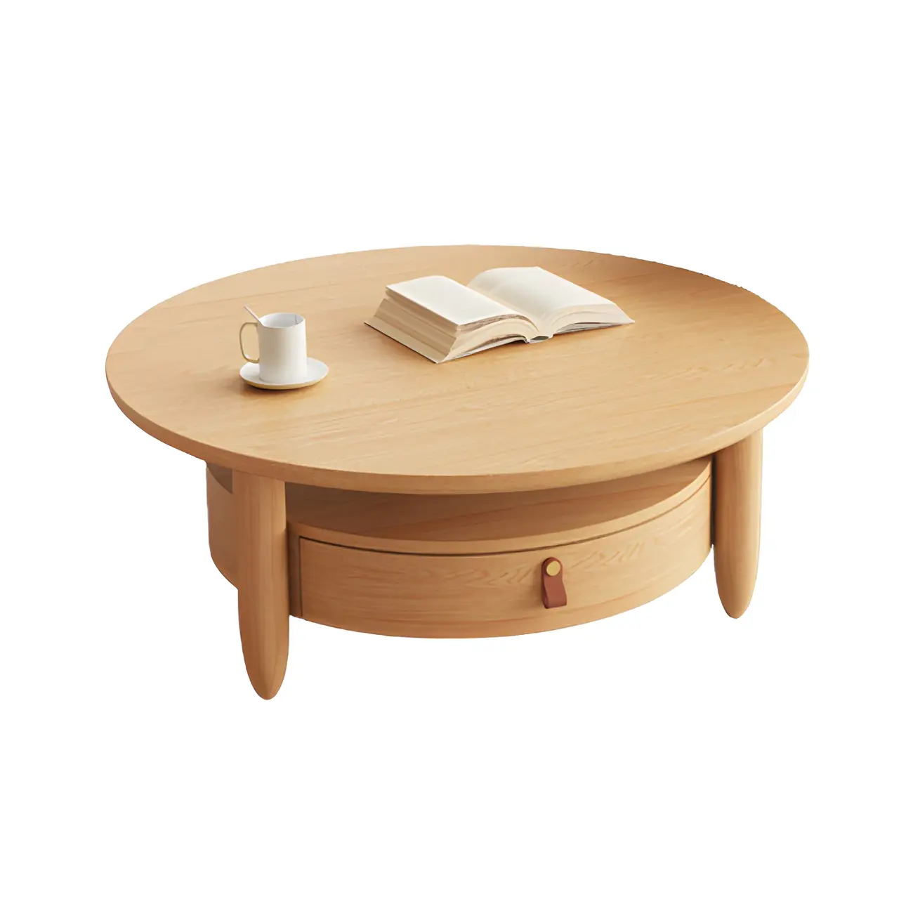 Brown Round Modern Wood Glass Drawer Coffee Table