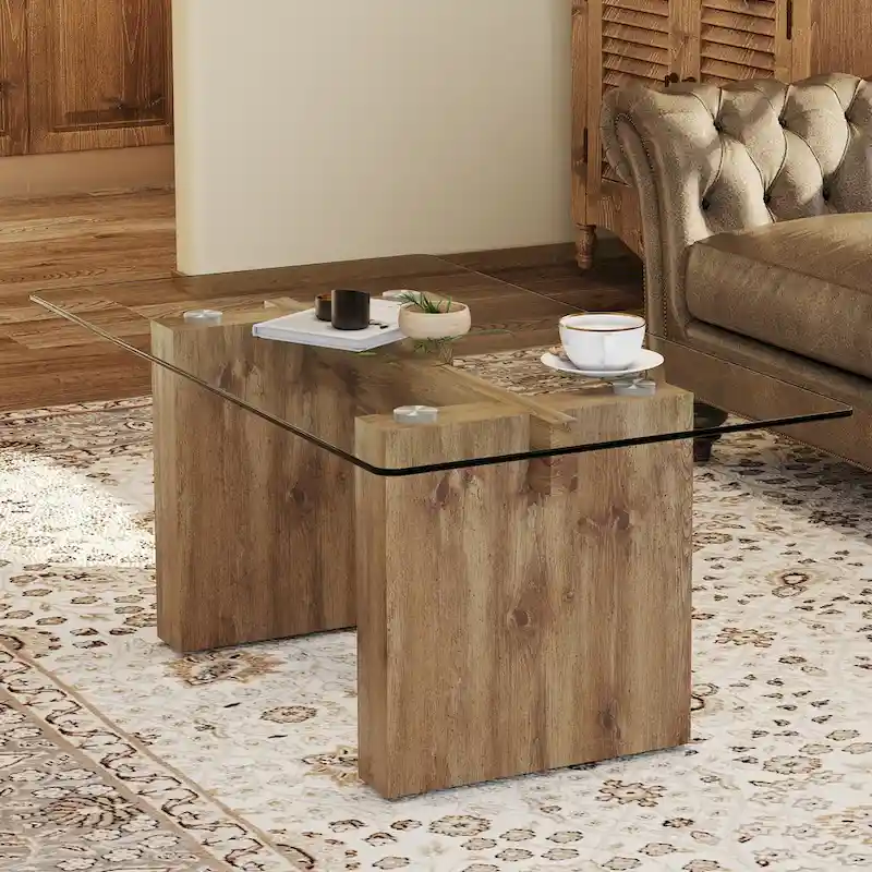 Tempered Glass Coffee Table with MDF Column Legs
