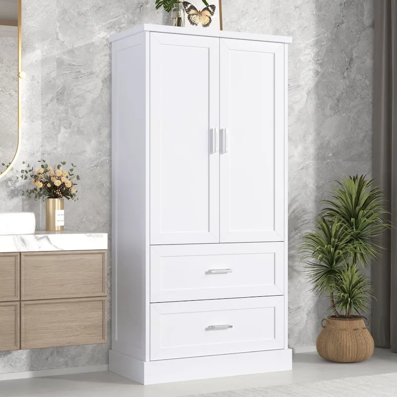 Tall Bathroom Storage Cabinet with Two Doors and Drawers, Adjustable Shelf, MDF