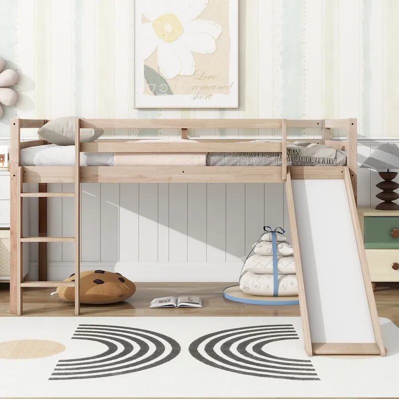 White Oak / Grey / White Twin Loft Bed with Slide and Ladder – 1-Sleeper