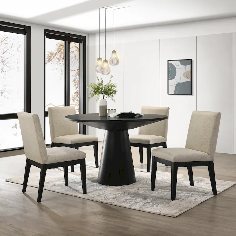 Round Pedestal Dining Table & 4 Chairs Set, Ebony/Driftwood, MDF & Rubberwood