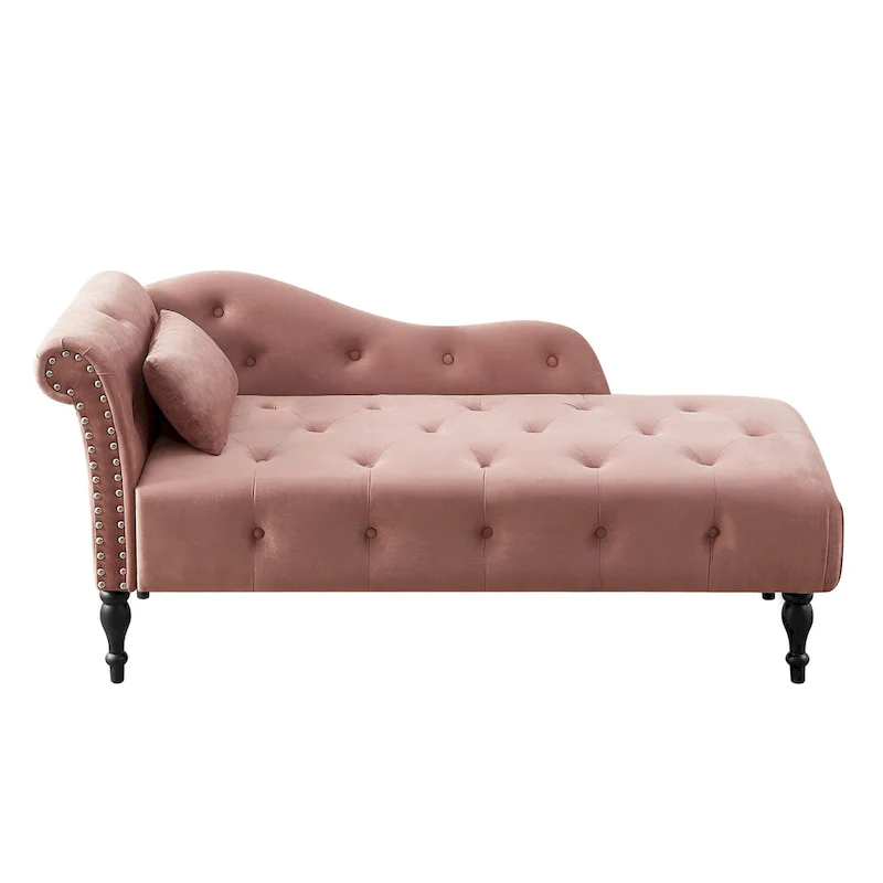 Modern 60.6 Velvet Upholstered Buttons Tufted Chaise Lounge Chair with Solid Wood Legs and Nailheads
