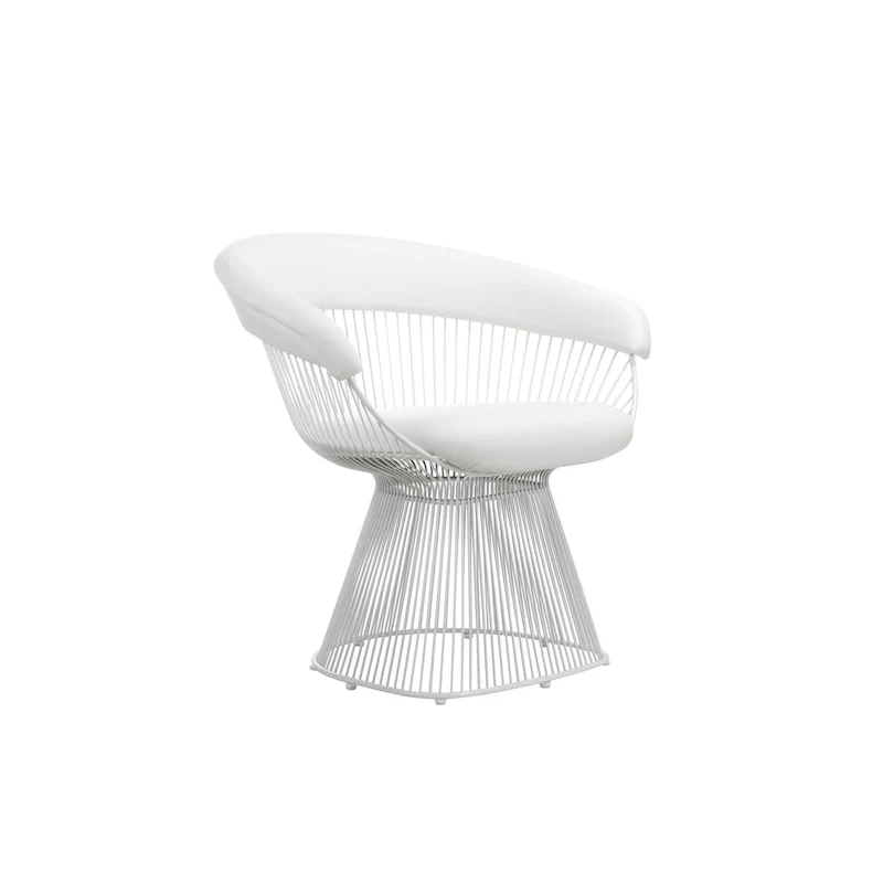 33 Inch Accent Chair, Slatted Metal Curved Back, White Faux Leather