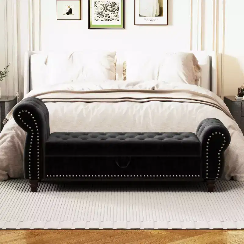 MAYEERTY 64.5 Bed Bench for Bed Room Nails Tufted Chaise of Lounge with Storage Velvet Upholstery Black