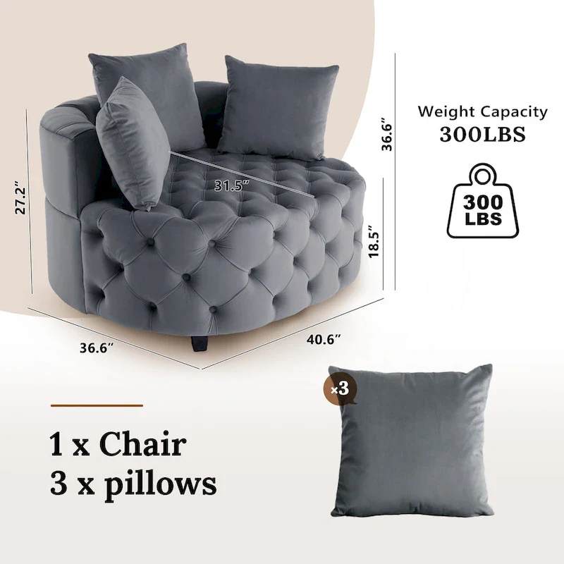 Velvet Modern Leisure Big Classical Barrel Chair with 2 Pillows