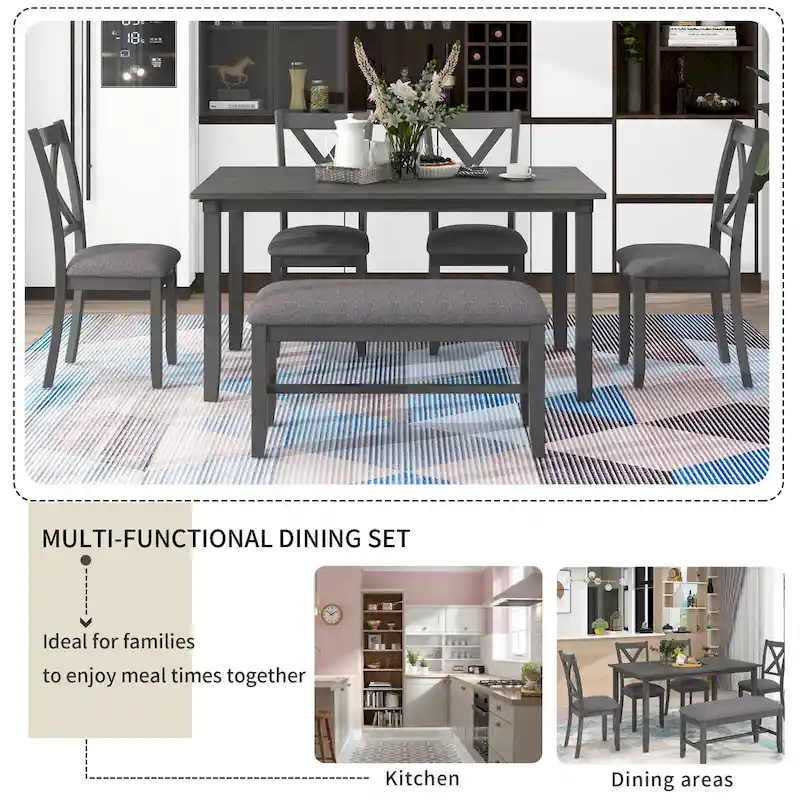 Gray Traditional 6-Piece Wooden Dining Table Set with 4 Upholstered Chairs and Bench