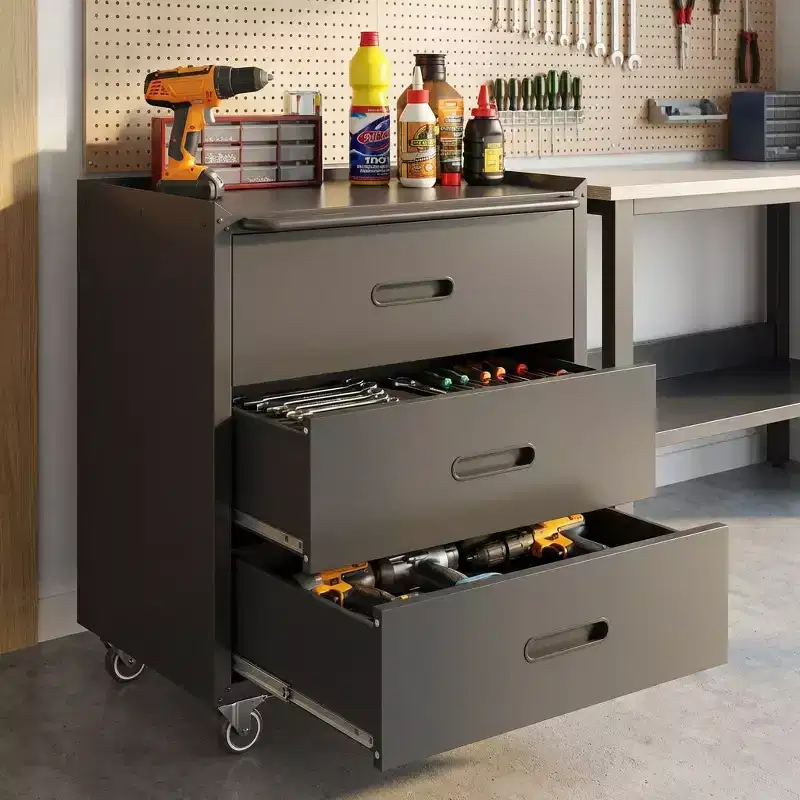 VIYET 35H 3-Drawer Heavy-Duty Steel Storage Cabinet with Lockable Wheels, 200LBS Capacity for Garage/Office/Home Organizer (Black)