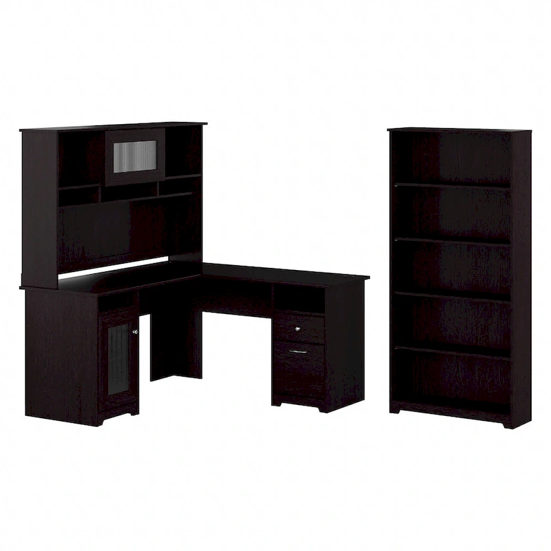 Cabot 60W L-Desk with Hutch and 5 Shelf Bookcase by Bush Furniture