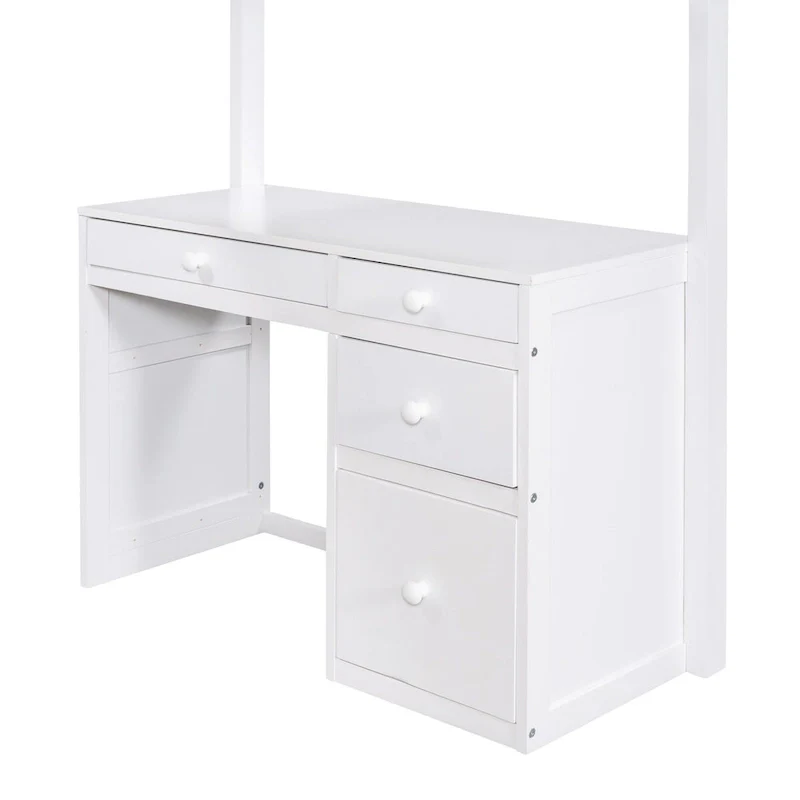 White Solid Wood Twin Size Loft Bed, Equipped with Stairs and Built-in Desk, with Shelves and Multiple Storage Drawers