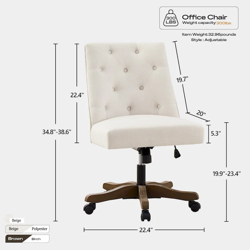 Home Computer Office Chair with Wheels Adjustable Height, Linen Fabric Upholstered Chair Swivel
