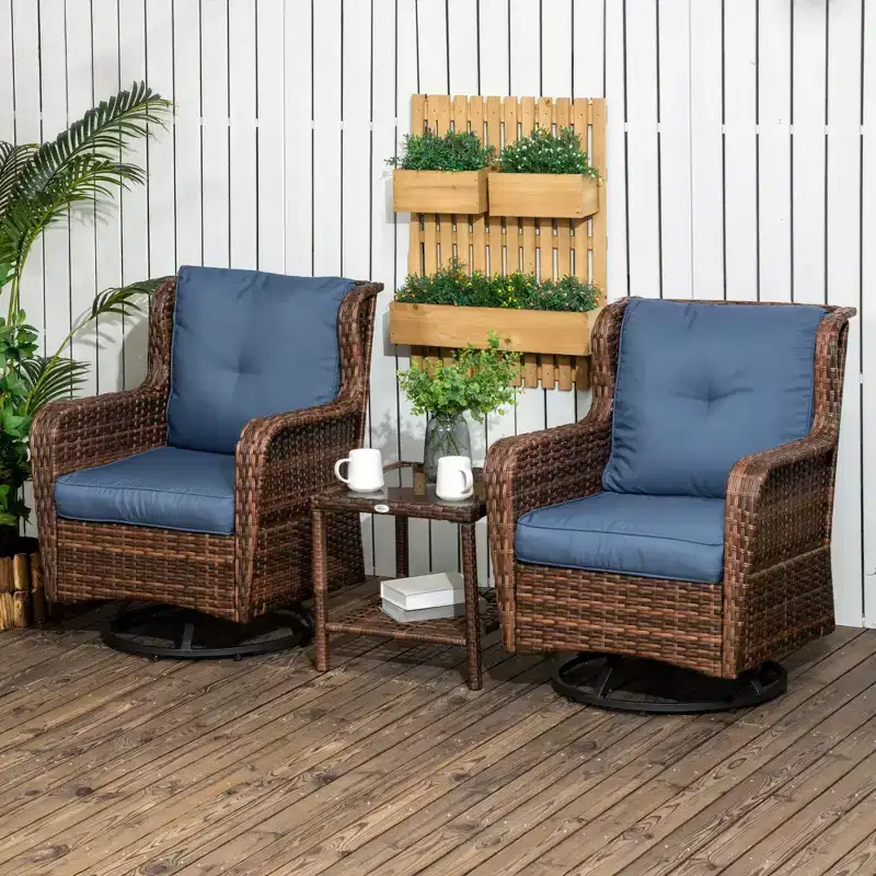 Outsunny 3-Piece Patio Bistro Set, PE Rattan Wicker Outdoor Furniture, Soft Cushions, 2 360 Swivel Rocking Chairs, 2-Tier Coffee Table