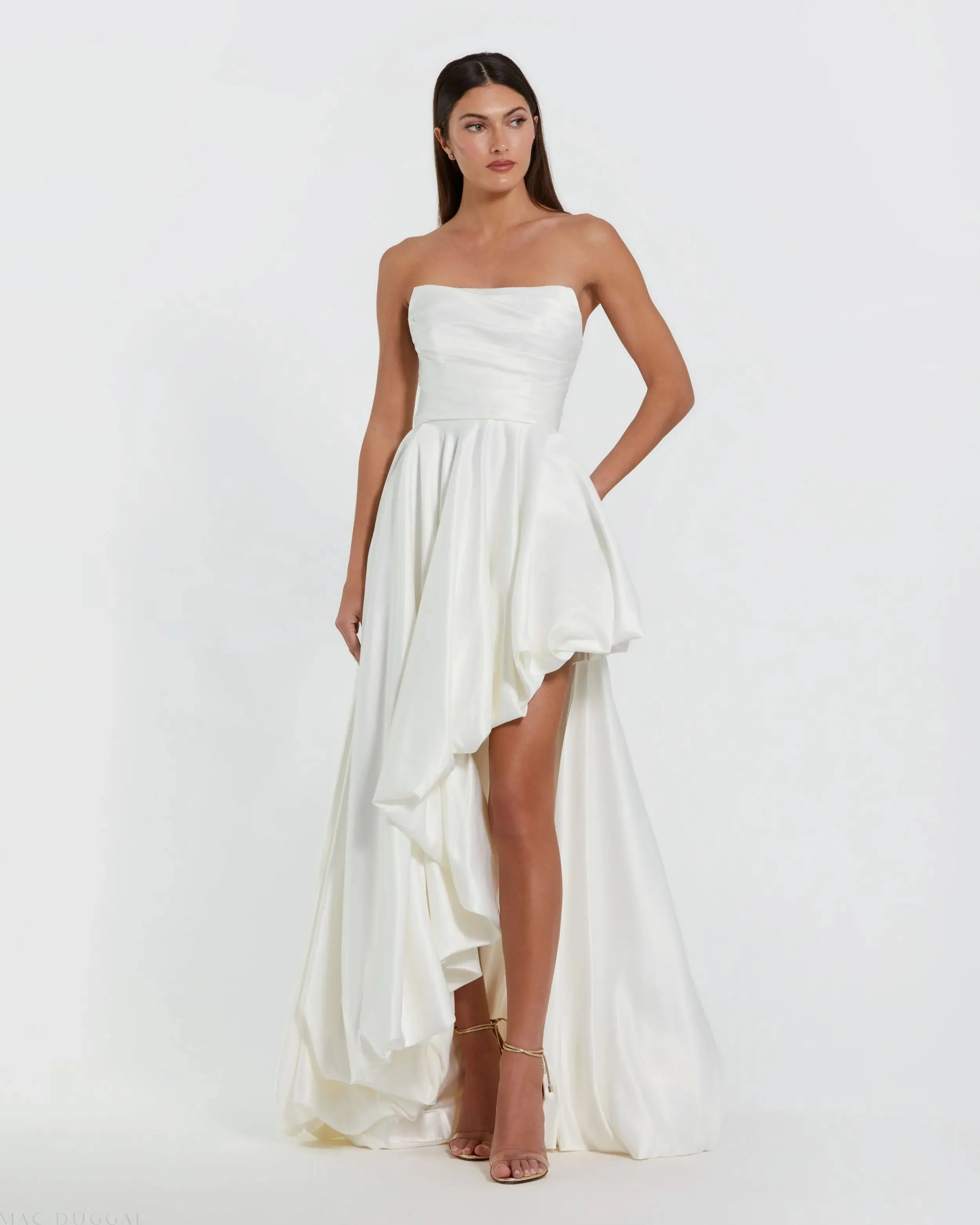 White Strapless Ruched High Low Gown