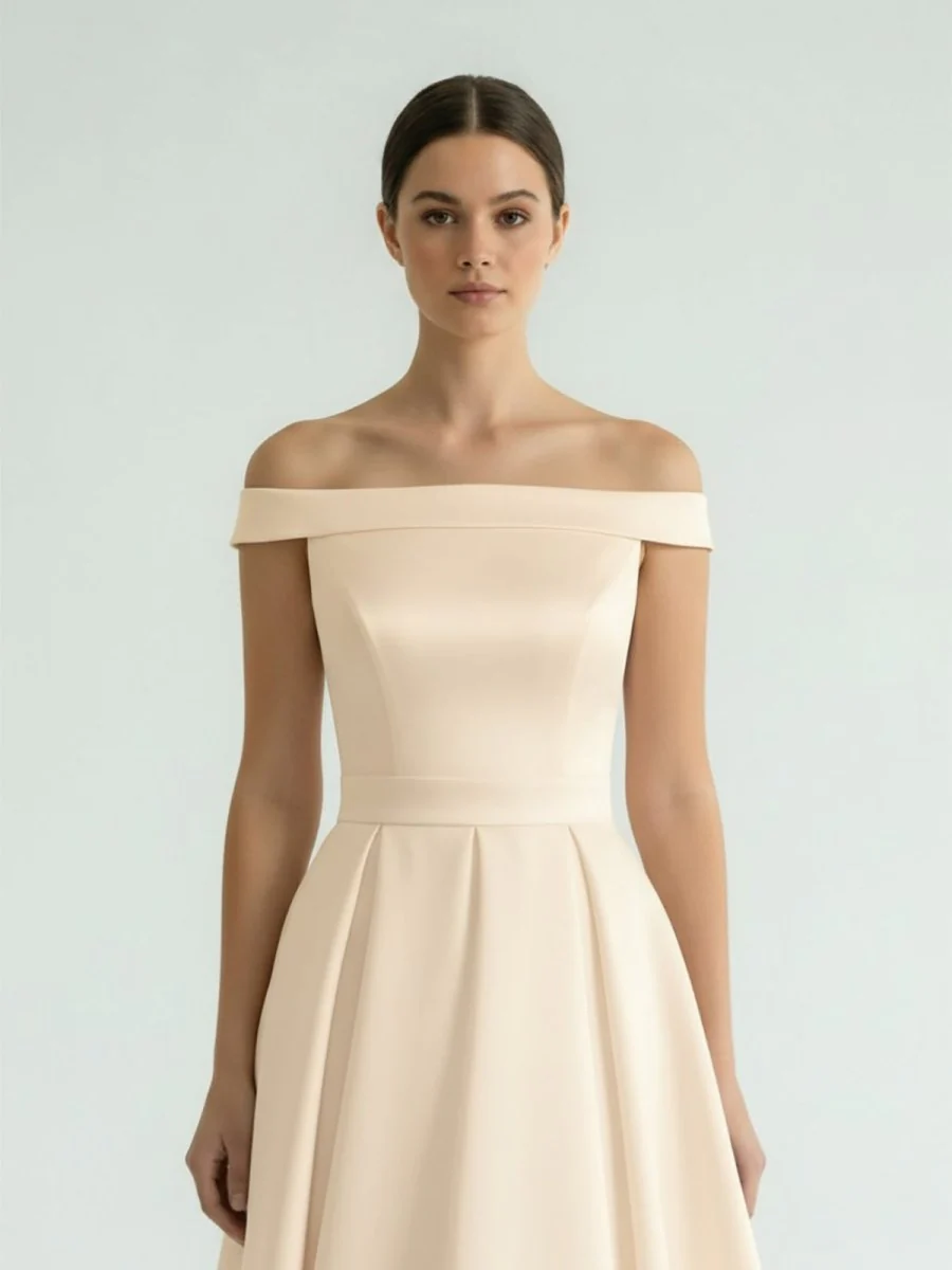 Sleeveless Tea-Length Satin Wedding Dress With Sash And Off-The-Shoulder Neck