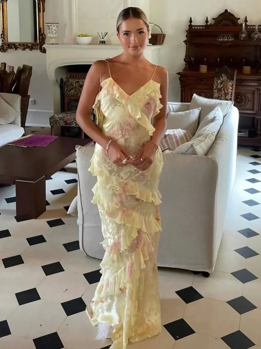 Yellow Spaghetti Straps Mermaid Long Prom Dress with Ruffles