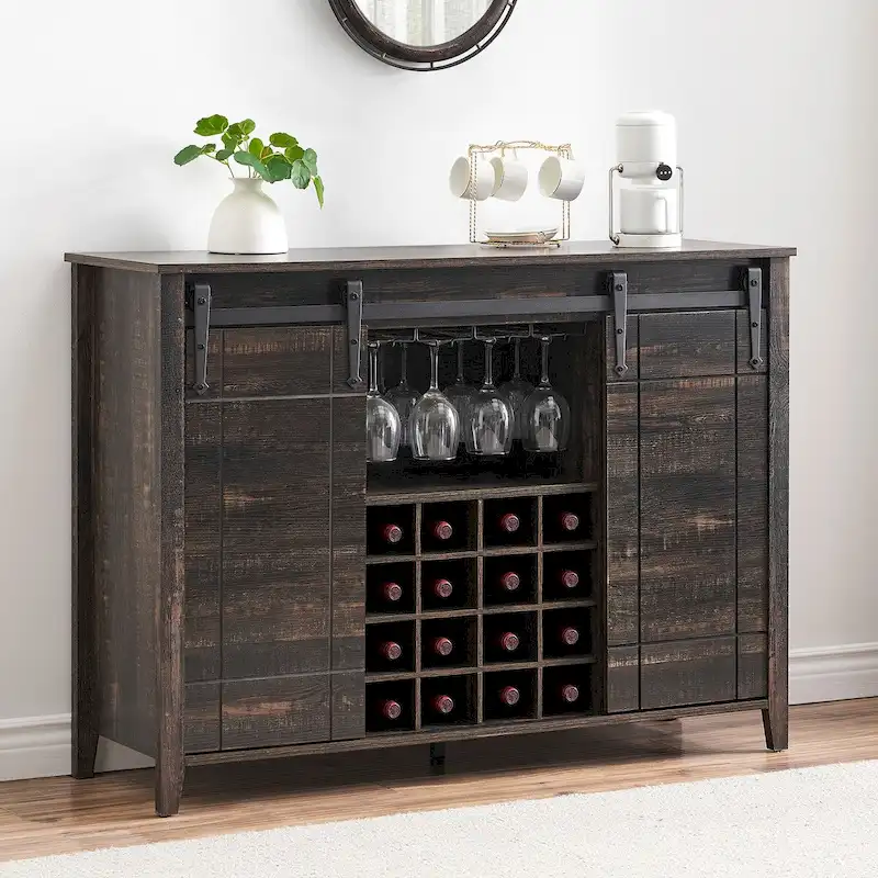 Farmhouse 47 Wine Bar Cabinet Buffet Sideboard Cabinet with 16 Bottle Wine Rack - 15.7D x 47.2W x 34.61H