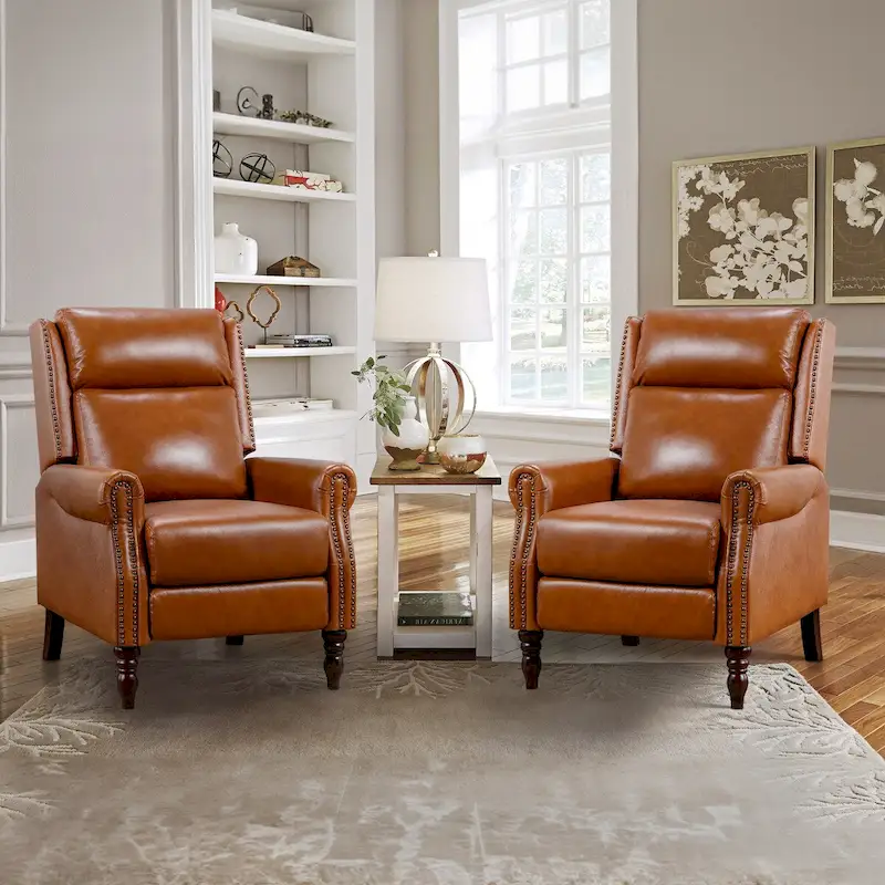 Mid-century Genuine Leather Recliner Push Back Adjustable Recliner Chairs with Comfortable Arms Set of 2