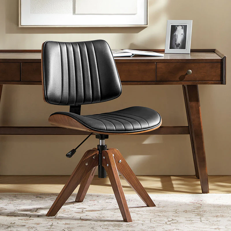 Mid-Century Channel-Tufted Office Chair with Curved Wood Frame & 360° Swivel | Black / Ivory | Single Seat