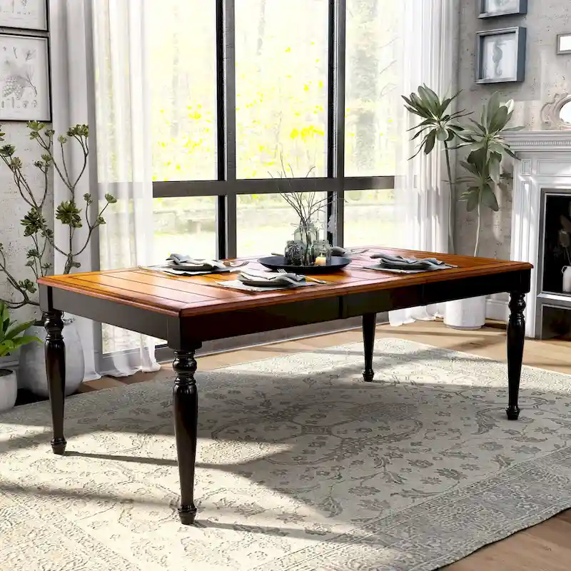 Antique Oak / Black Two-Tone Expandable Dining Table with Removable Leaf – Seats 6 to 8