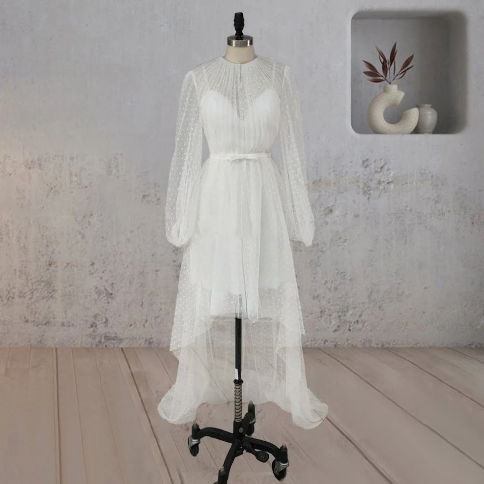 A-Line Polka Dot Illusion Charm Asymmetrical Wedding Dress