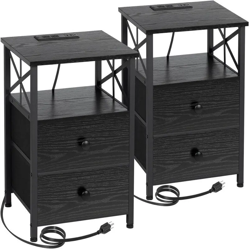 Nightstand with Charging Station and Fabric Drawers