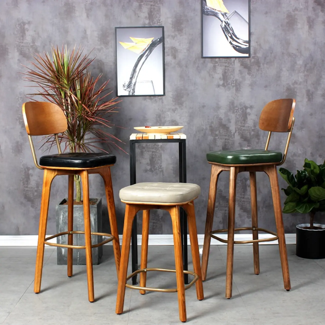 Rustic Brown Square Leather Wooden Bar Stools with Backs