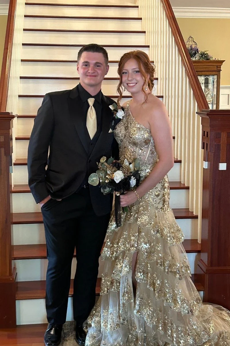 Sheath One Shoulder Tiered Lace Long Prom Dress