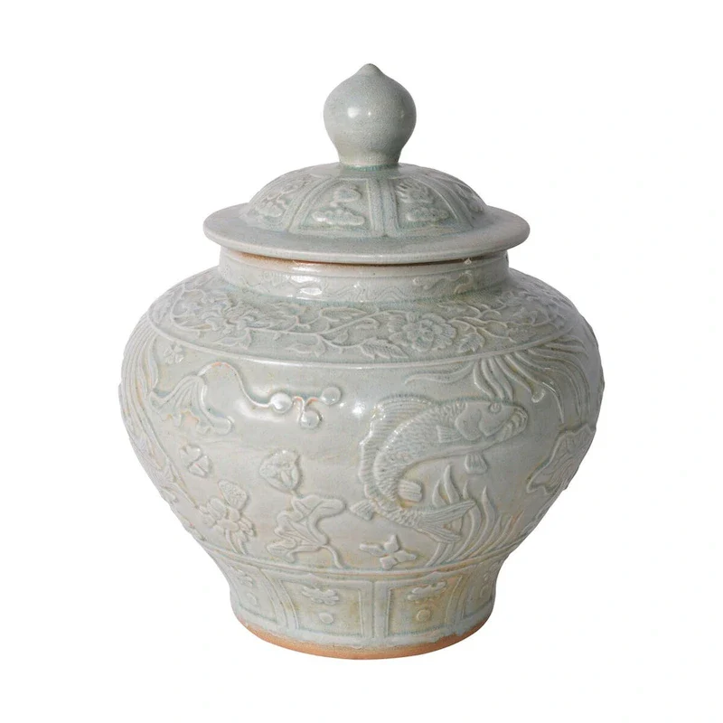 Sage Green Embossed Fish Porcelain Ginger Jar - 13.5x13.5x16