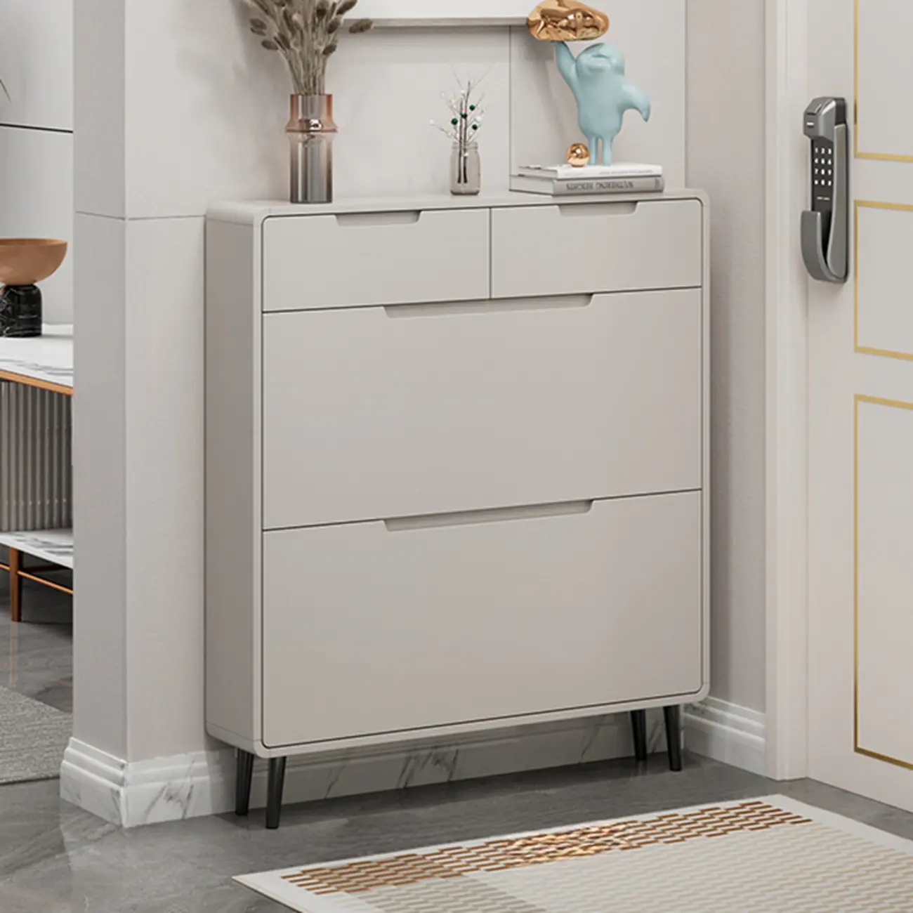 Drop-Front Beige Wood Entryway Shoe Cabinet with 2-Drawer