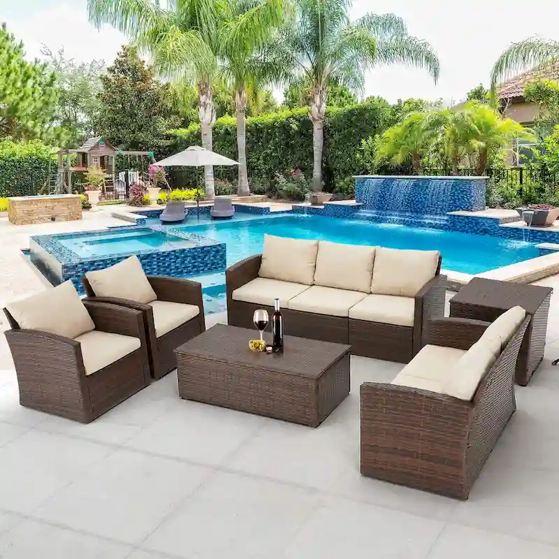 AECOJOY 7-Pieces Patio Sectional Sofa Outdoor Wicker Furniture Set