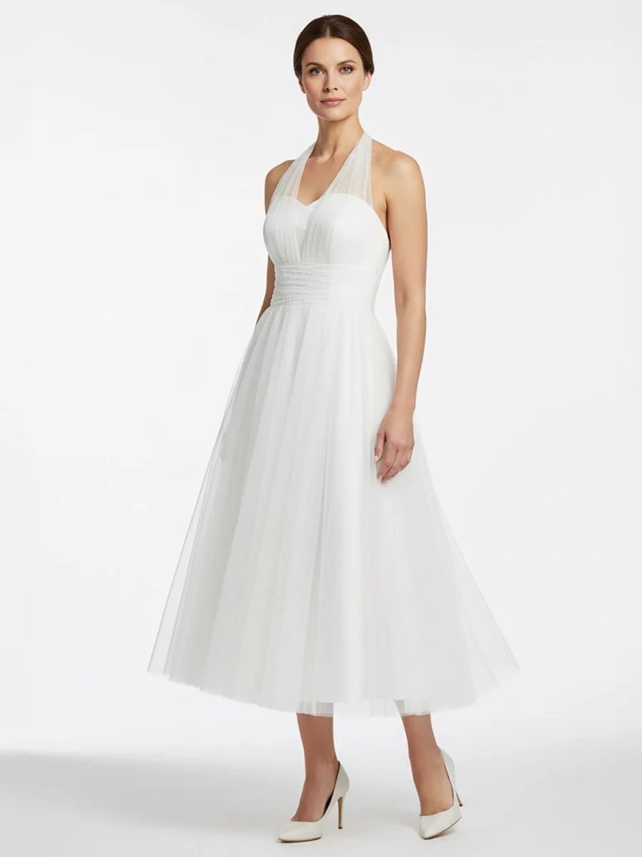 Halter A-Line Tea Length Tulle Wedding Dress With Ruching
