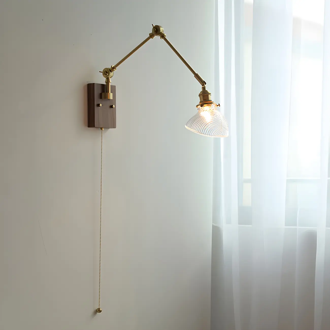 Vintage Brass Swing Arm Carved Glass Shade Wall Light