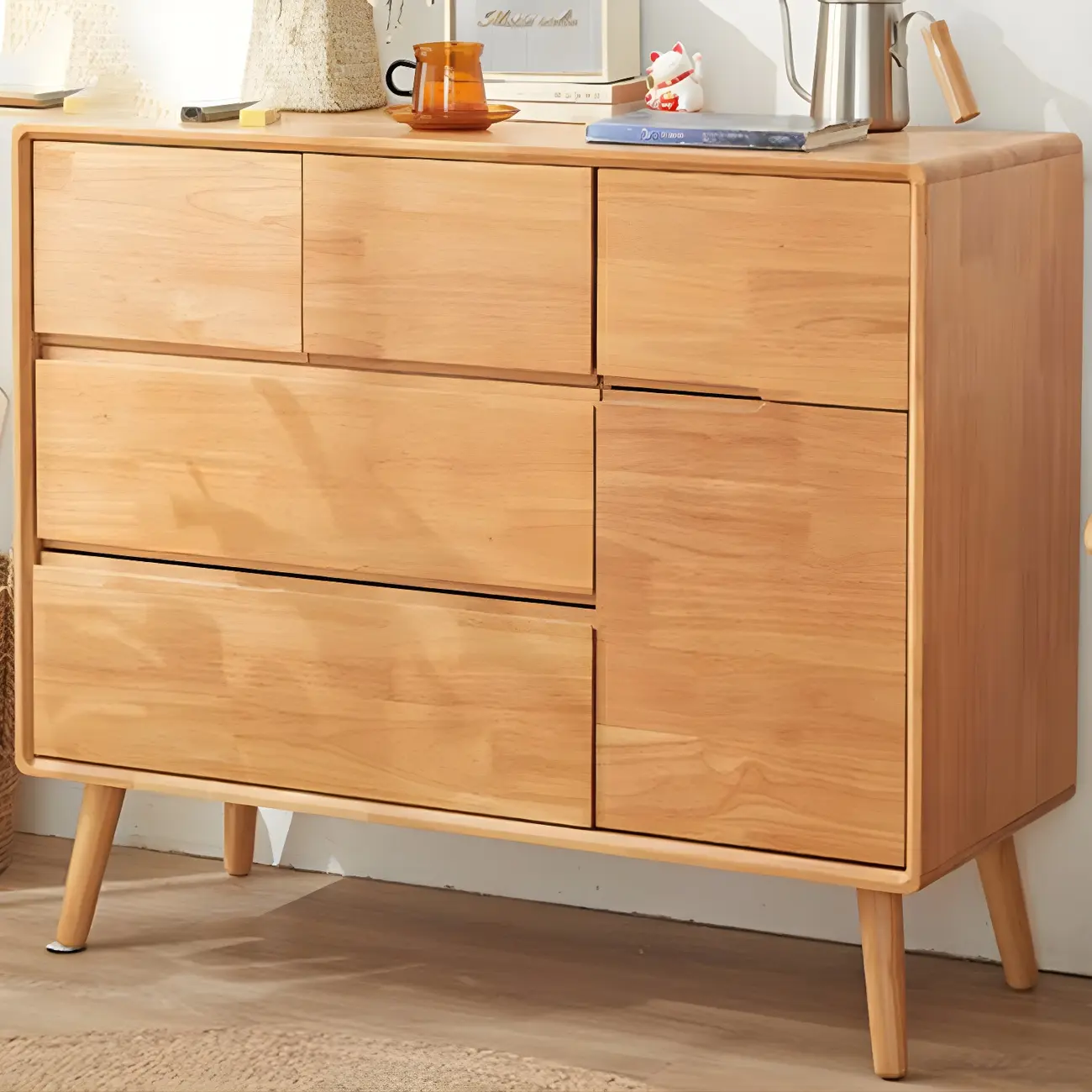 Compact Natural Wood Combo Dresser with Cabinet and Drawers