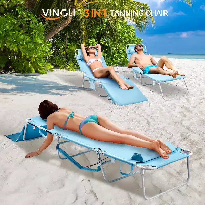VINGLI Tanning Chair, Beach Lounge Chair with Face Hole, Lounge Chair Outdoor, Height-Adjustable Tanning Lounger, Anti-Tip Design