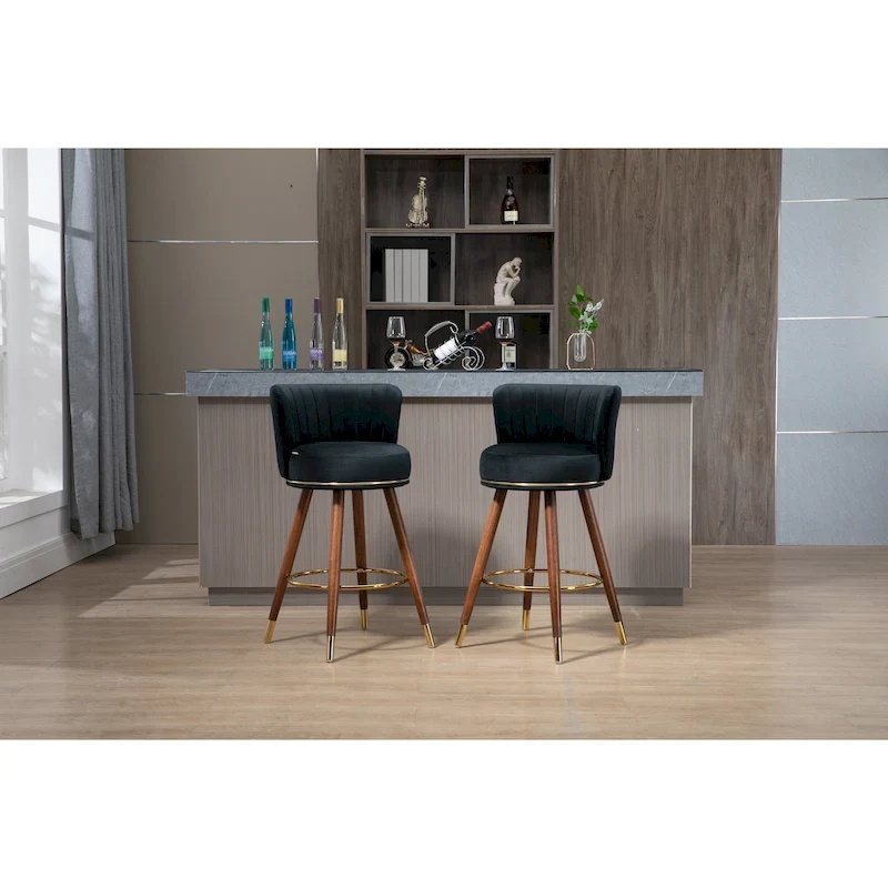 Bar Stools Set of 2, Swivel Barstools with Wood Legs and Footrest, Upholstered Kitchen Stool Island with Backs