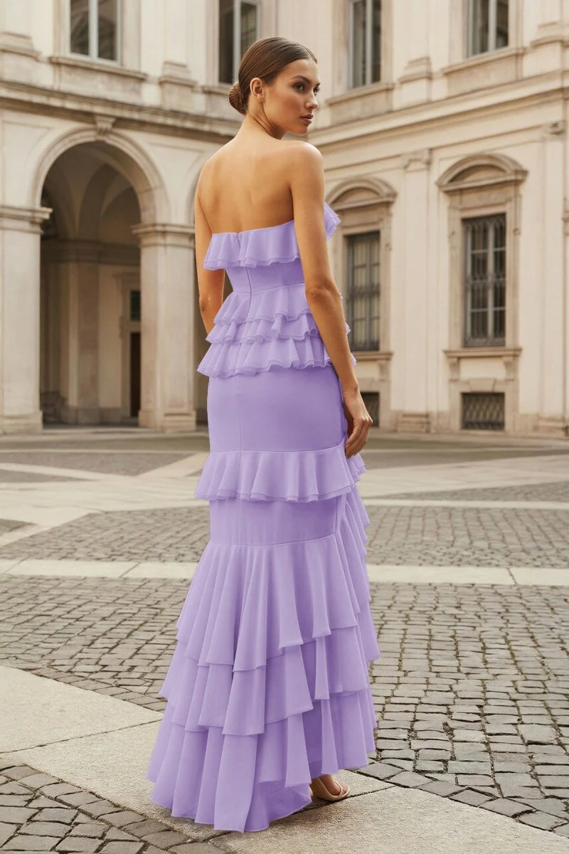 Pink Strapless Sheath Chiffon Ruffled Long Prom Dresses