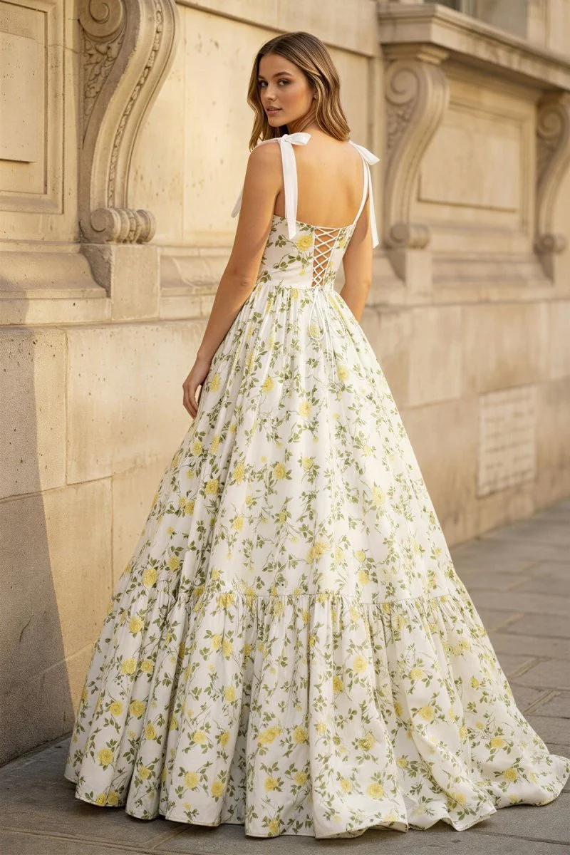 A-Line Sweetheart Floral Printed Satin Long Prom Dresses