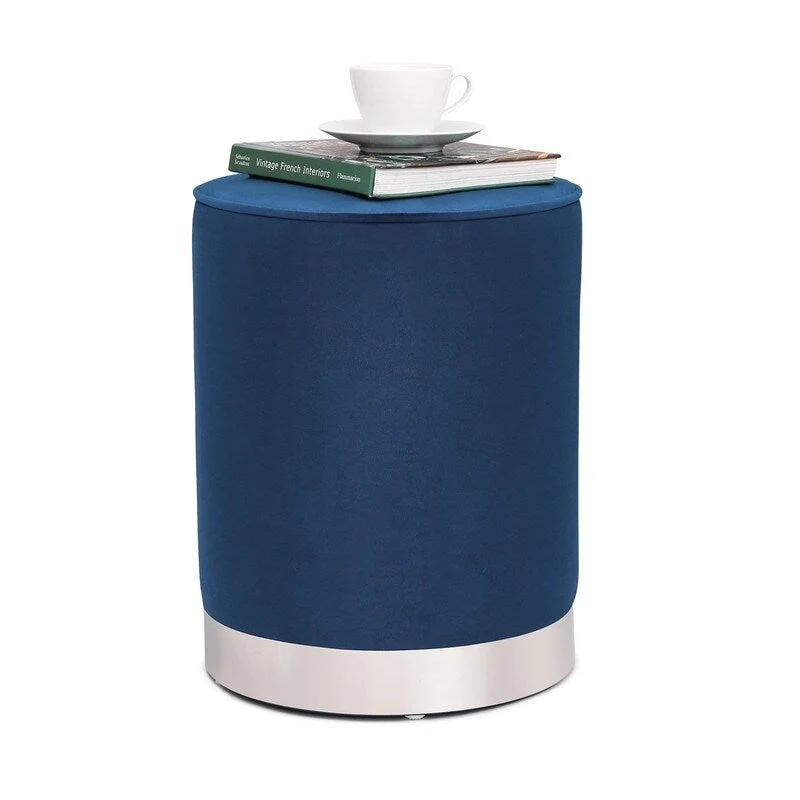 Adeco Vanity Upholstered Round Velvet Ottoman Footstool Silver Trim