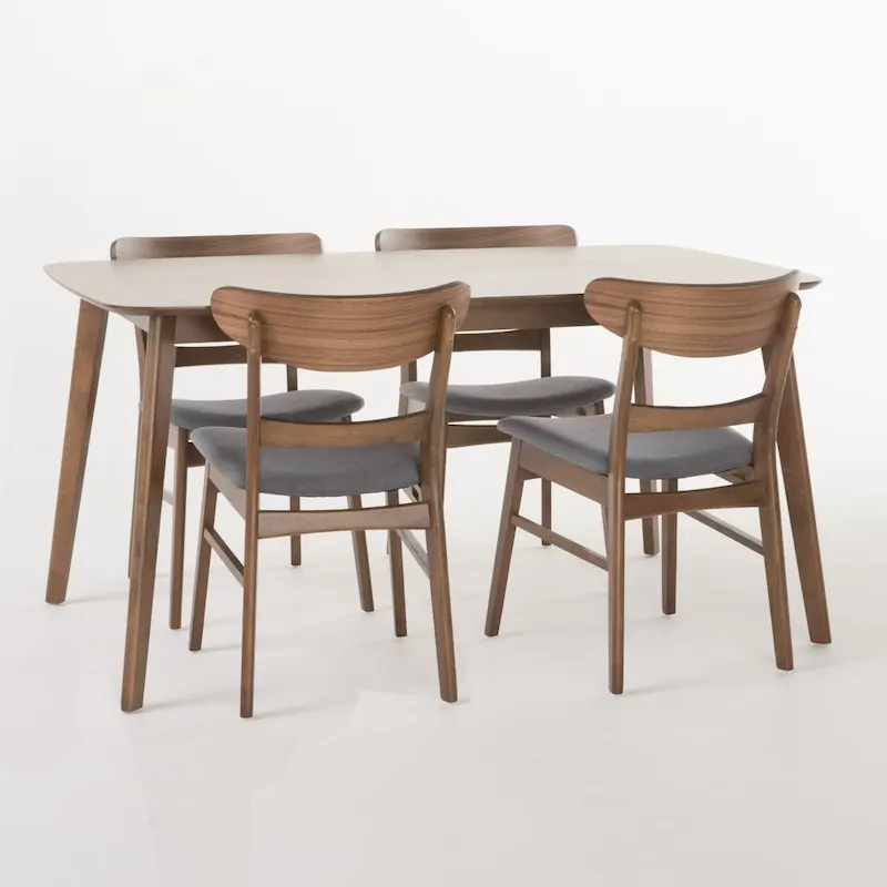 Mid-Century 5-Piece Dining Set, Walnut & Oak Finish, Upholstered Chairs