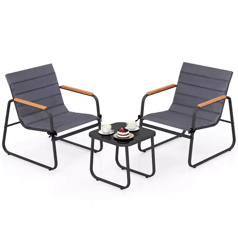 Costway 3 PCS Patio Bistro Set with Cushions & Tempered Glass Coffee Table for Balcony, Lawn