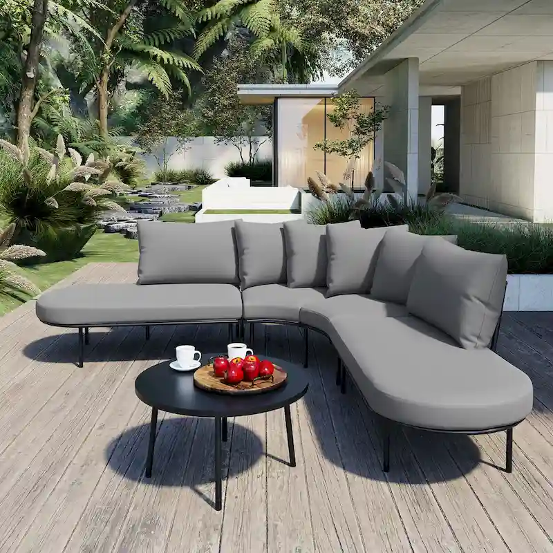 Patio Half- Moon Curved Outdoor Furniture Sofa Set with Coffee Table, All Weather Iron Frame