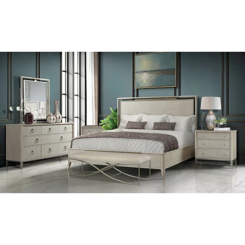 Roundhill Furniture Mantalia Solid Wood Bedroom Set, Panel Bed, Dresser, Mirror, 2 Nightstands, and Bench, Champagne