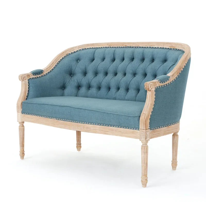 Button-Tufted Upholstered Loveseat with Scrolled Arms and Nailhead Trim