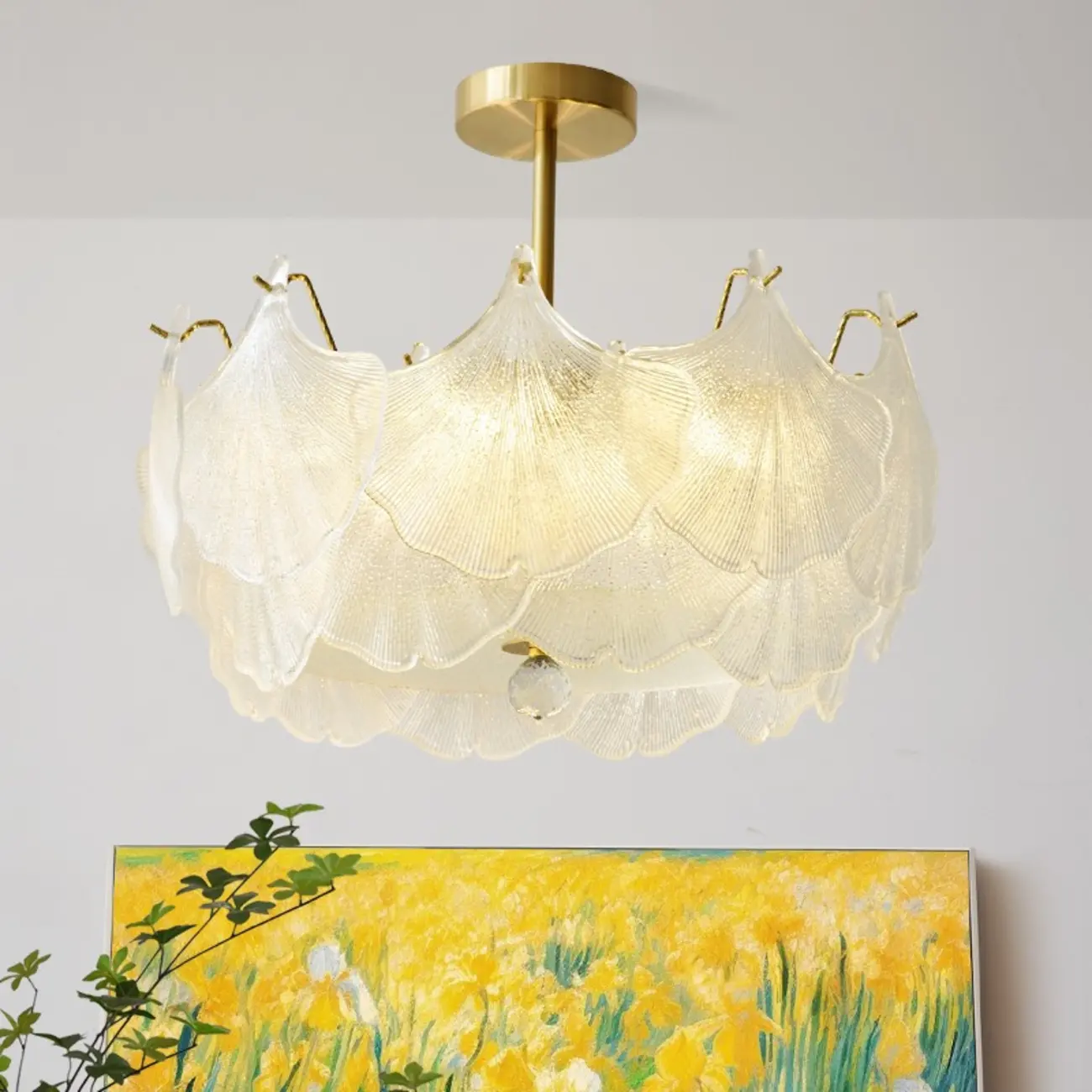 Elegant Gold Glass Leaf Semi Flush Mount Ceiling Light