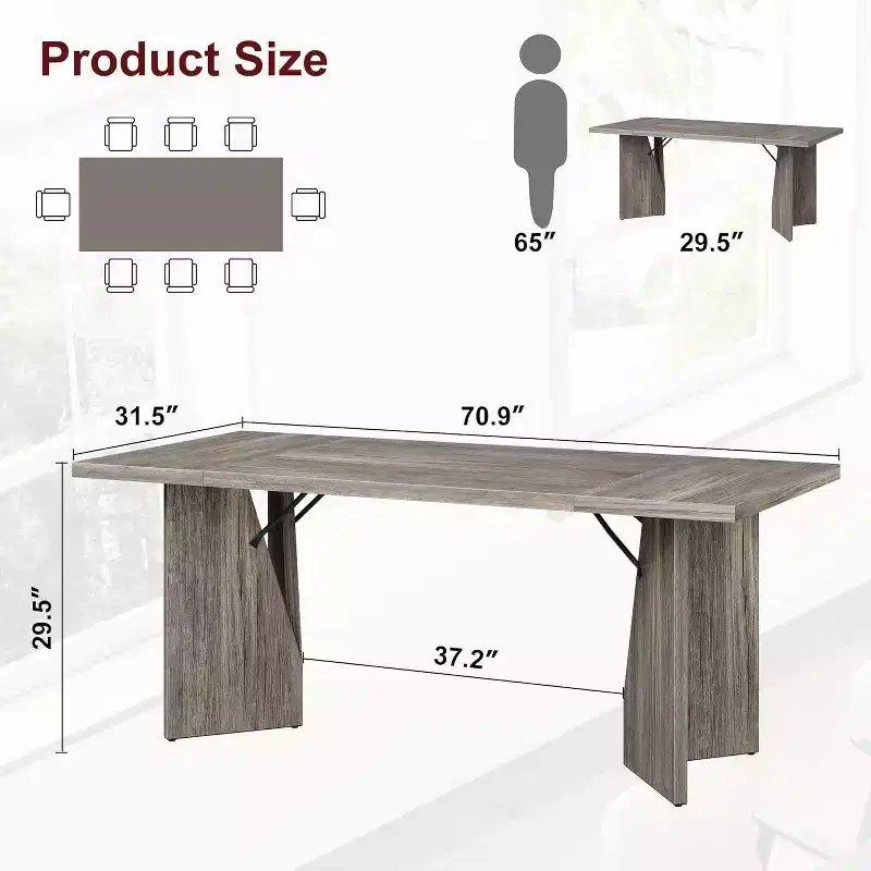 CuisinSmart 70.9'' Dining Table for 6, Farmhouse Rectangular Kitchen Table with Sturdy Frame, Wooden Thickened Long Desk and Dinner Desk