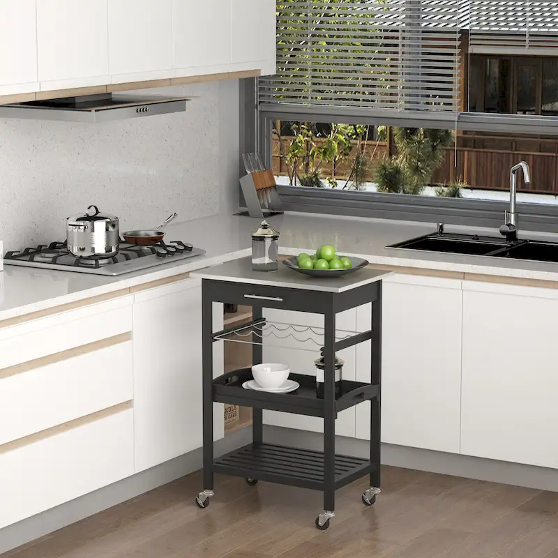 HOMCOM Kitchen island Cart Rolling Trolley Utility Serving Cart with Stainless Steel Tabletop, Wine Rack & Drawer