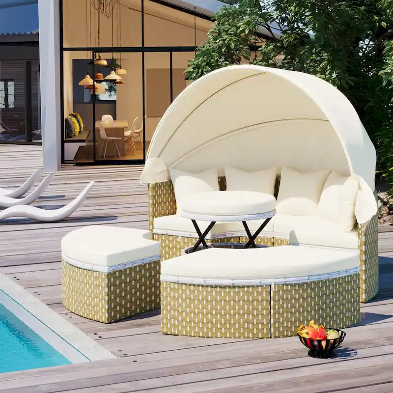 6PCS Patio Furniture Round, Outdoor Sectional Sofa Set with Retractable Canopy, Separate Seating and Removable Cushion